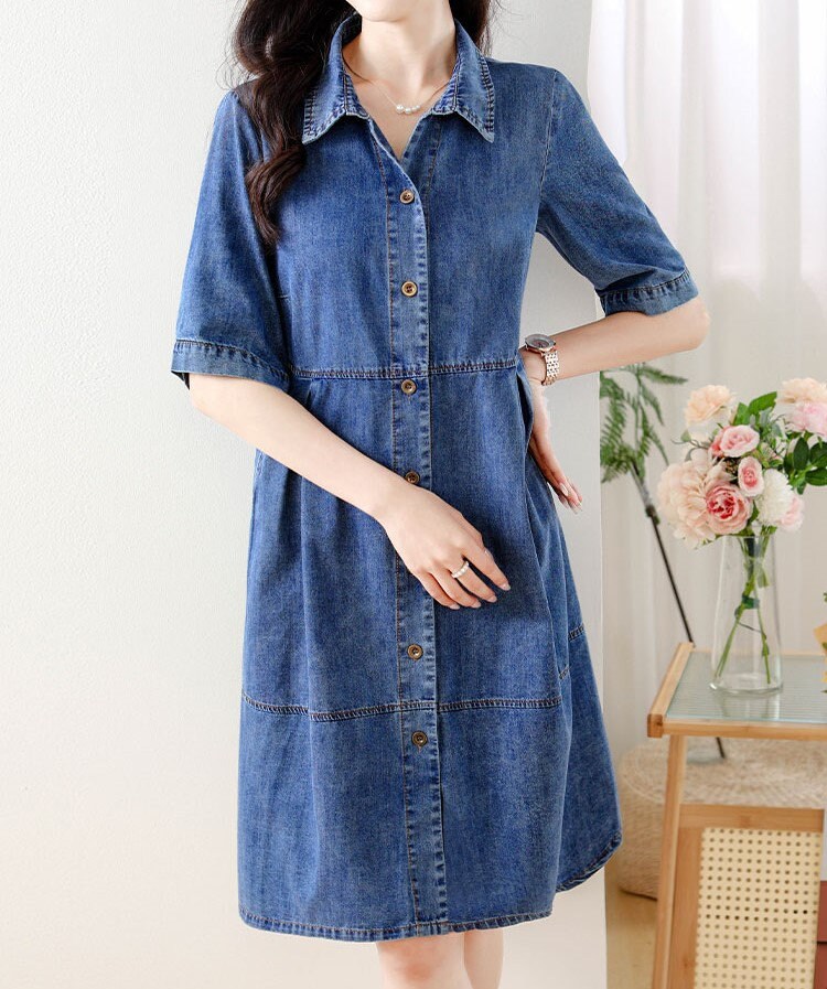 Denim Midi Dress With Half Sleeves Vintage Denim Dress Denim - Etsy