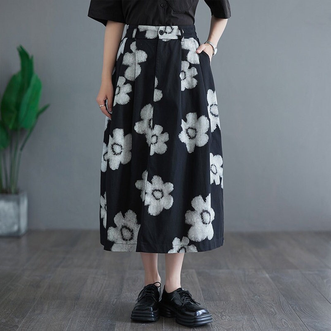 Floral Embroidered Slit PU Midi Skirt