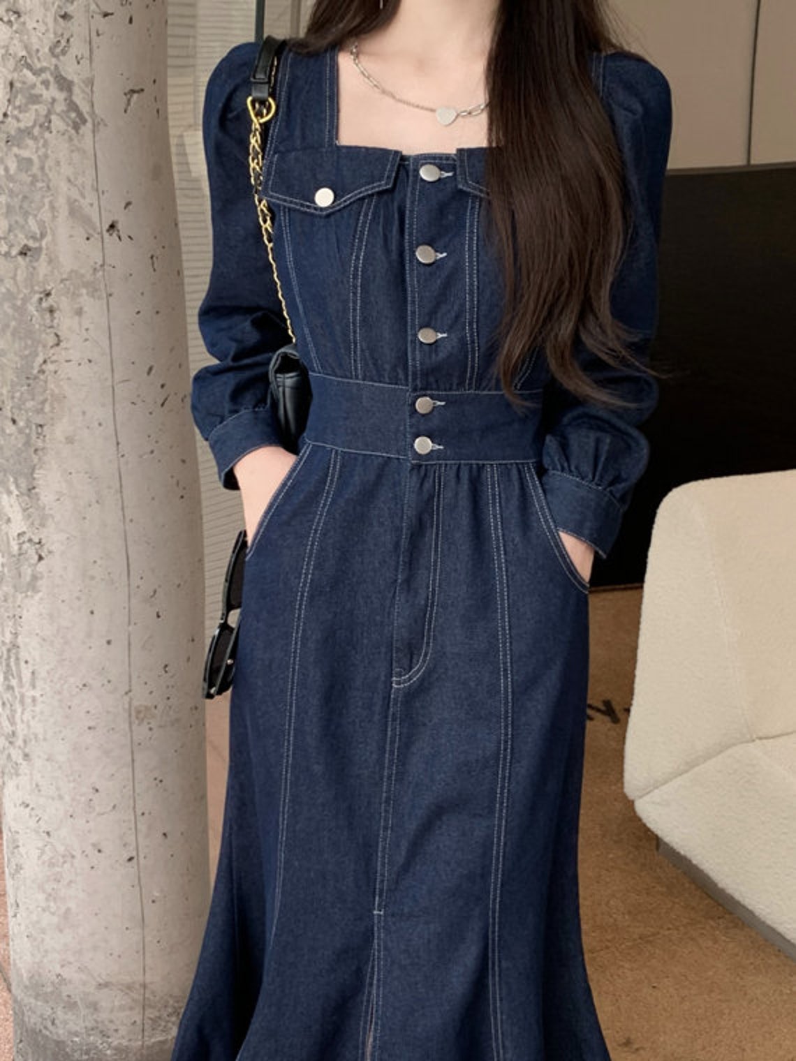 Slit Denim Dress Puff Sleeve Denim Midi Dress Ruffle Denim Etsy