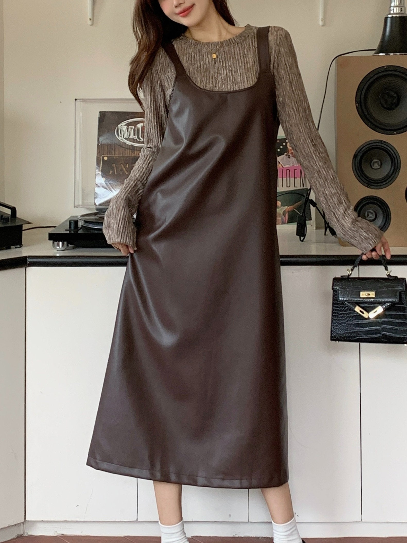 PU Leather Midi Dress Faux Leather Overall Dress for Women Etsy