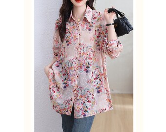 Blusa con estampado floral para mujer, blusa de gasa de moda, blusa estampada con cuello, blusa delantera con botones largos, blusa de manga larga, talla S-2XL de EE. UU.