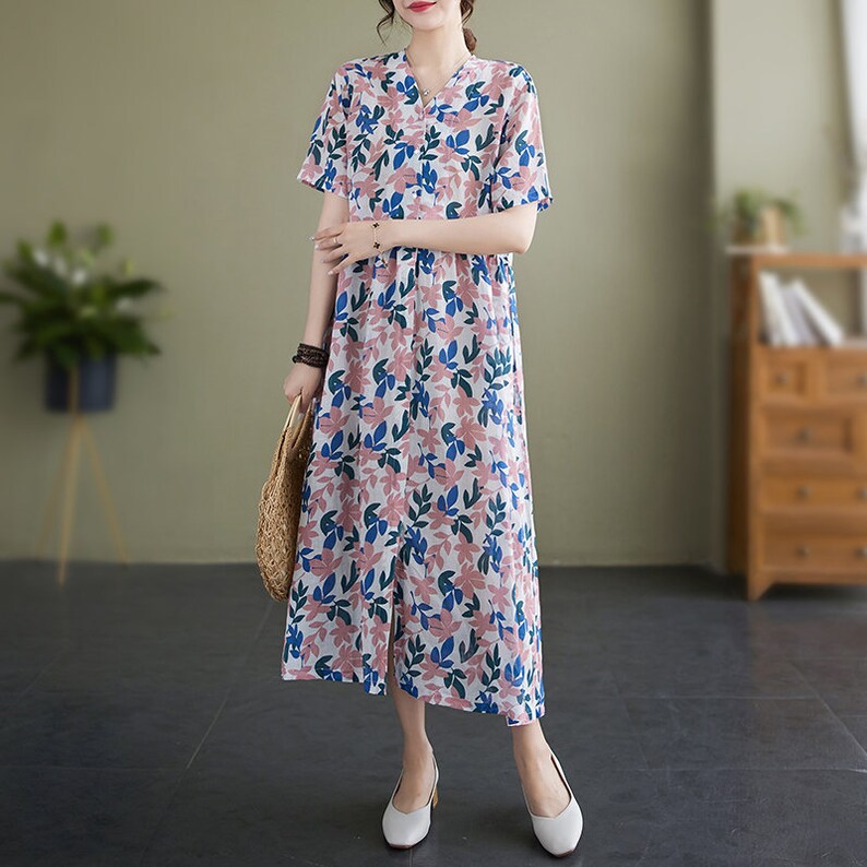 Cotton Linen Midi Dress Floral Pattern Pockets V Neck, Midi Swing Dress Casual, Pleated Dress