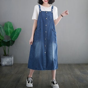 Overall Denim Kleid Frauen, Overall Midi Kleid mit langer Knopfleiste, Denim Midi Kleid Loose Fit mit verstellbaren Trägern, US Größe XS-L