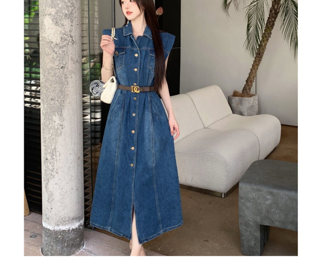 Belted Sleeveless Denim Midi Dresses