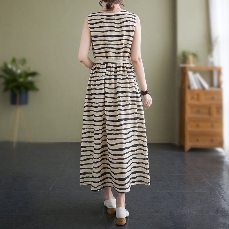 Cotton Linen Striped Midi Dress for Women, Striped Print Midi Dress for ...