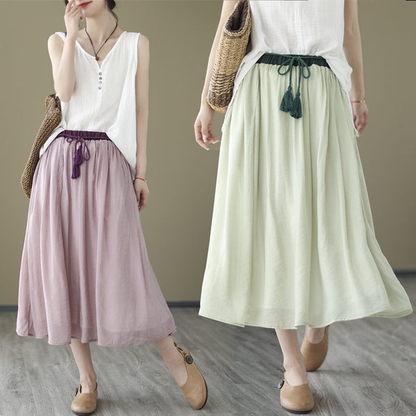 Cotton Linen Midi Skirt, Midi Skirt Linen, Midi Skirt Loose, Midi Skirt with Tassel Tie Waist, Cotton Linen Skirt Women, Swing Midi Skirt
