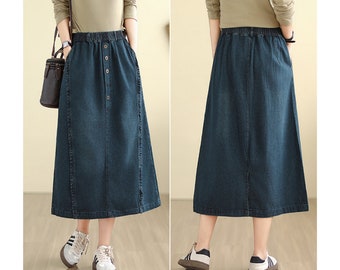 Denim Skirt Women Midi Length, Denim Midi Skirt with Pockets, Denim Skirt with Button Front, Elastic Waist Denim Skirt, US Size, XS-L