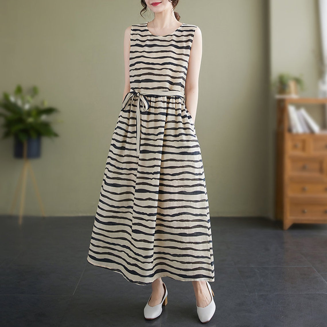 Cotton Linen Striped Midi Dress for Women Striped Print Midi Etsy