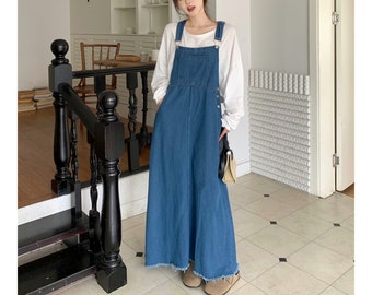 Denim Overall Dress Women, Overall Midi Dress with Pockets, Square Neck Overall Dress, Sleeveless Denim Dress Loose Fit, US Size XXS-2XL