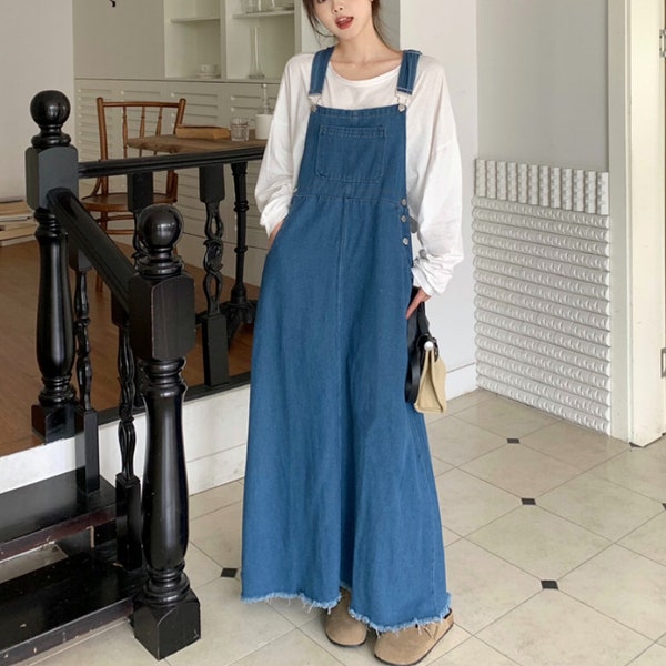 Denim Overall Dress Women, Overall Midi Dress with Pockets, Square Neck Overall Dress, Sleeveless Denim Dress Loose Fit, US Size XXS-2XL