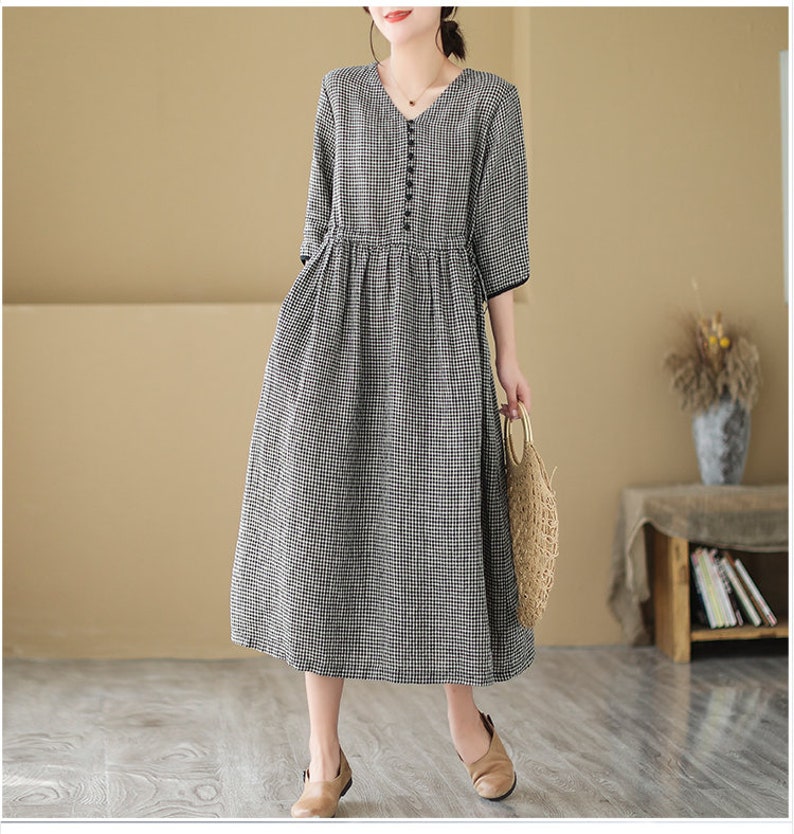 Cotton Linen Midi Dress Plaid, Midi Swing Dress Casual, Pleated Dress