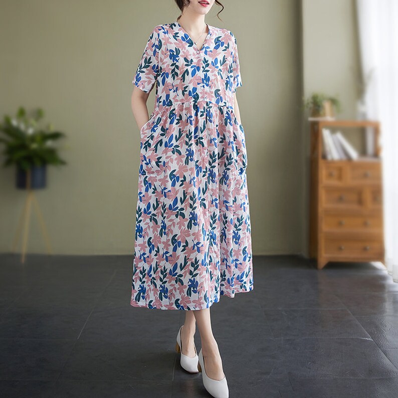 Cotton Linen Midi Dress Floral Pattern Pockets V Neck, Midi Swing Dress