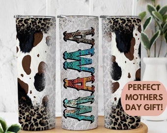 Western Mama Tumbler with Straw, Cow Print Tumbler for Mom, Cheetah Print Cowhide Tumbler for Mama, Tumbler for Mom, Gift for Mother's Day
