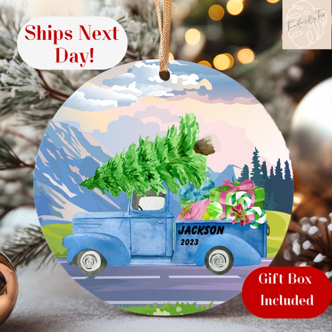 Personalized Blue Truck Ornament, Christmas Truck Ornament, Christmas