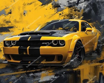 Digital Art Print - Ready to Frame - Perfect Gift - Inferno on Wheels: A Dodge Hellcat Symphony