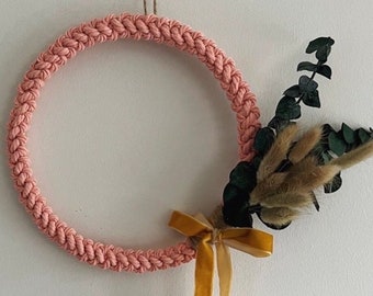 Pink Macrame Wreath | Handmade | Cotton | Wood | 20cm | Indoor Wreath | Mustard Velvet Bow | Easter