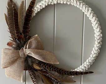 Macrame Pheasant Feather Wreath | Seasonal Wreath | Indoor Wreath | 26 - 28cm | Handmade | Cotton | Wood | Natural Decor | Farmhouse Decor