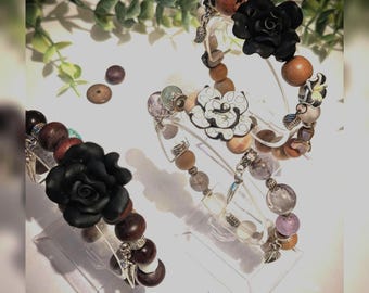 Rose Bracelet: Tiger Eye, Quartz & Marble Bead Statement Jewelry
