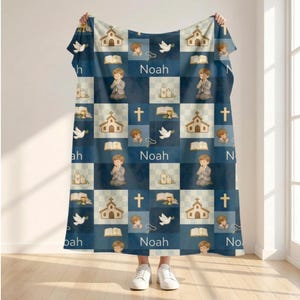 First Communion Gift Boy Custom Name Throw Blanket Personalized Catholic Kids Religious Christian Keepsake Heirloom Memory Child Nephew Aunt