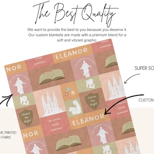 May include: A personalized blanket with a soft, peachy-pink and brown color scheme. The blanket features a repeating pattern of a temple, a book, a person with arms outstretched, and a child praying. The blanket is customizable with a name and the text "I'm going there someday".