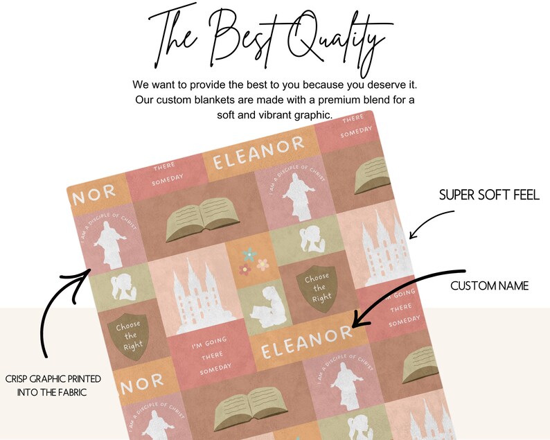 May include: A personalized blanket with a soft, peachy-pink and brown color scheme. The blanket features a repeating pattern of a temple, a book, a person with arms outstretched, and a child praying. The blanket is customizable with a name and the text "I'm going there someday".