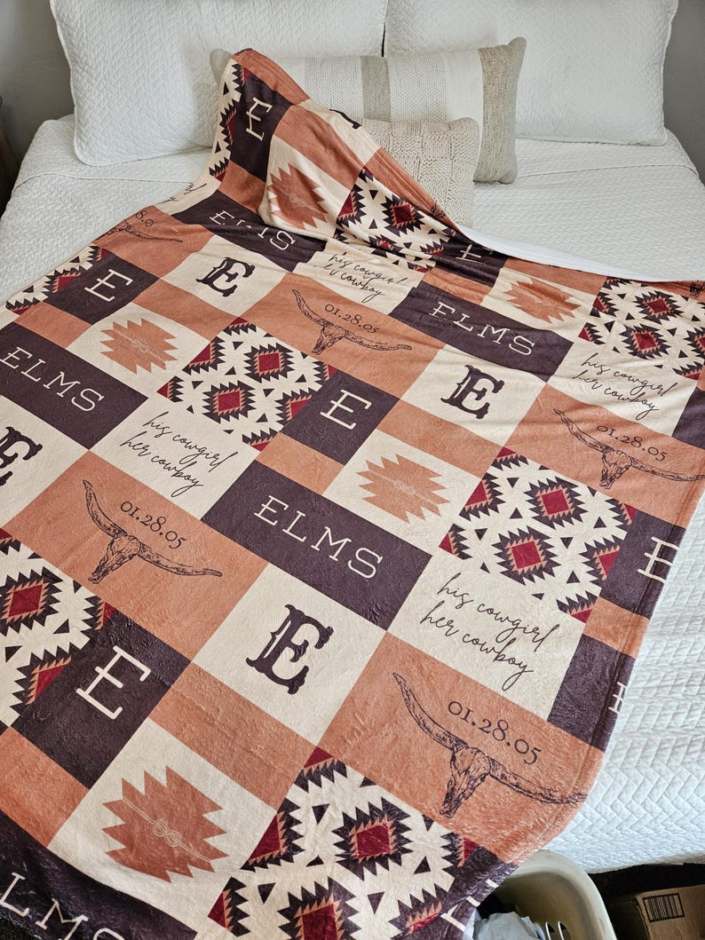 Western Theme Wedding Gift for Cowboy Couple Blanket Custom Monogram Blanket Aztec Rustic Wedding Farmhouse Decor Blanket Gift Bridal Shower