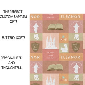 May include: A pink and brown patterned fabric with a repeating design of a temple, a book, a person with their hands raised, and a shield with the words "Choose the Right". The fabric also has the words "Eleanor", "Nor", "I'm Going There Someday", and "I am a Disciple of Christ".