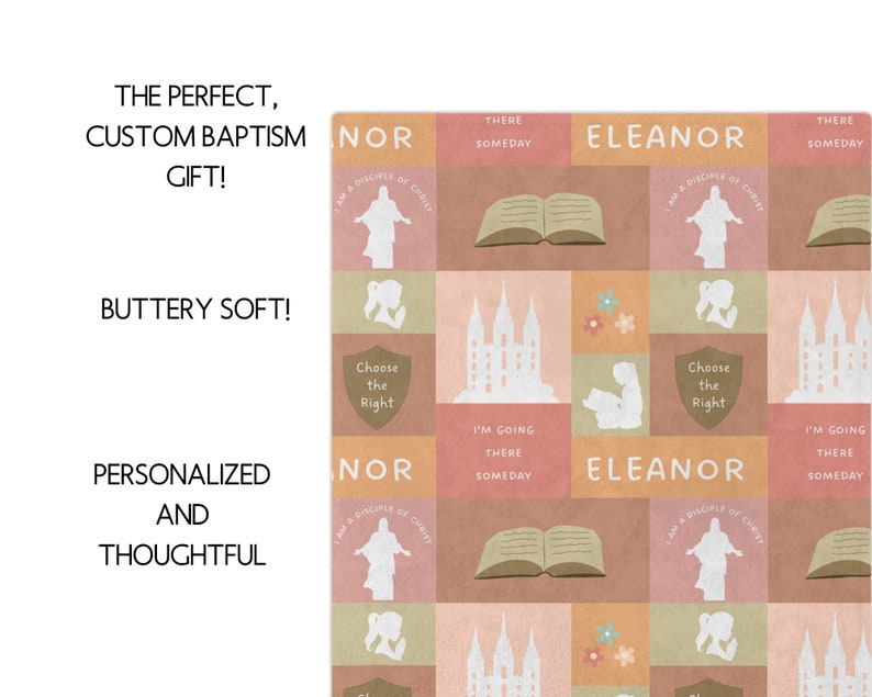 May include: A pink and brown patterned fabric with a repeating design of a temple, a book, a person with their hands raised, and a shield with the words "Choose the Right". The fabric also has the words "Eleanor", "Nor", "I'm Going There Someday", and "I am a Disciple of Christ".