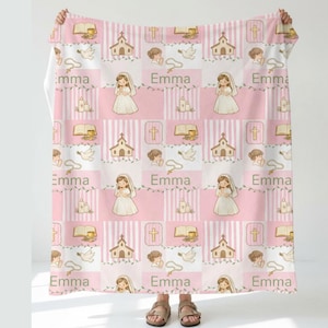 First Communion Gift Girl Custom Name Throw Blanket Personalized Catholic Kids Religious Christian Keepsake Heirloom Memory Child Niece Aunt