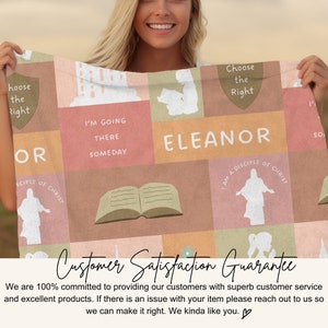 May include: A pink and brown patchwork blanket with a variety of images and text. The text includes "Choose the Right", "I'm Going There Someday", "Eleanor", "I Am A Disciple Of Christ", and "OR".