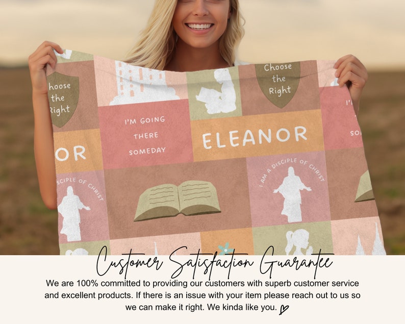 May include: A pink and brown patchwork blanket with a variety of images and text. The text includes "Choose the Right", "I'm Going There Someday", "Eleanor", "I Am A Disciple Of Christ", and "OR".