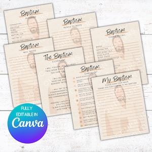 Pode incluir: Um conjunto de listas de verificação e formulários de planejamento de batismo imprimíveis. As listas de verificação incluem um programa de batismo, pessoas para convidar, pessoas para ligar, uma lista de verificação de batismo e uma folha de assinatura. Os formulários são decorados com uma imagem de Jesus em estilo aquarela.