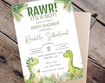 Green Dinosaur Baby Shower Invitation Template, Neutral Dino Invite, 5x7 Printable