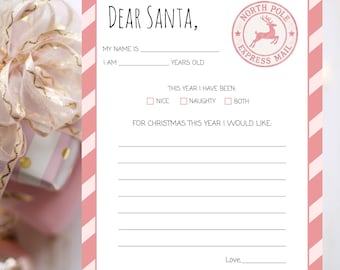 Letter To Santa, Pink Christmas Wish List, Dear Santa Activity, Digital Download, 8.5x11"