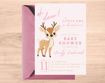 Oh Deer Baby Shower Invitation, Baby Girl Invite, Woodland Theme, Instant Download, 5x7 Printable