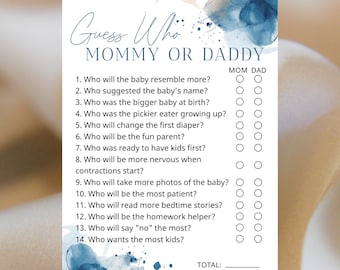 Blue Watercolor Guess Who Game, Editable Baby Shower Game, Download & Print, 5x7"