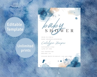 Blue Floral Baby Shower Invitation, Watercolor Floral Invite, Editable Template,  5x7" Instant Download