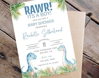 Blue Dinosaur Baby Shower Invite, Boy Dino Invite, Rawr It's A Boy!, Editable Template, Instant Download, 5x7 Printable
