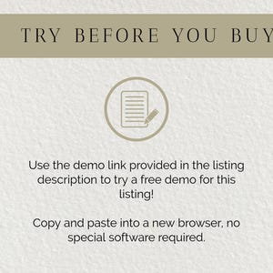 May include: Cream-colored graphic with text "TRY BEFORE YOU BUY!" above a circular icon of a document and pencil. Below, text explains how to use a demo link in the listing description, and copy and paste into a new browser.
