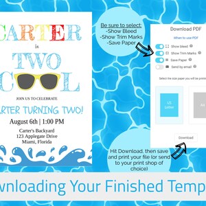 May include: A birthday invitation template with the text "CARTER is TWO COOL" in colorful letters, featuring sunglasses and water splash graphics. Instructions for downloading and printing are also included.