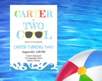 Two Cool 2nd Birthday Invitation, Pool Party Invite, Splash Party Invite, Summer Birthday Invite, Editable Template, Instant Download, 5x7"