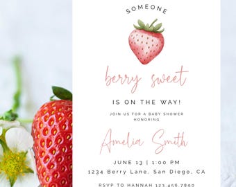 Someone Berry Sweet Is On The Way Baby Shower Invitation, Strawberry Baby Shower Theme Invite, Very Sweet Baby Editable Template