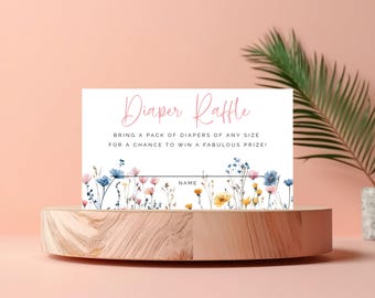 Wildflower Diaper Raffle Ticket, Baby Shower Game Insert, Floral Baby Shower, Editable Template, Instant Download, 3.5 x 2" Printable