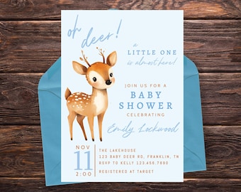 Oh Deer Baby Shower Invitation, Baby Boy Woodland Invite, 5x7 Instant Download