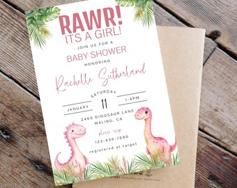 Pink Dinosaur Baby Shower Invitation, Girl Dino Invite, Rawr It's A Girl! - 5x7" Instant Download