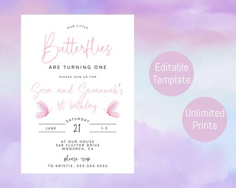 Twins 1st Birthday Invitation, Butterfly Birthday, Twin Girls Party Invite, Editable Template, Instant Download