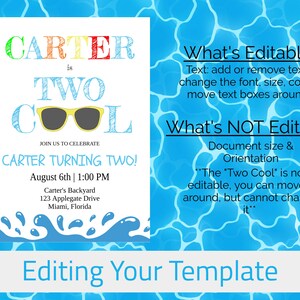 May include: A white invitation with the text "CARTER is TWO COOL" and sunglasses graphic. The invitation is for Carter's second birthday, with the date, time, and location details. The background is a blue water pattern.