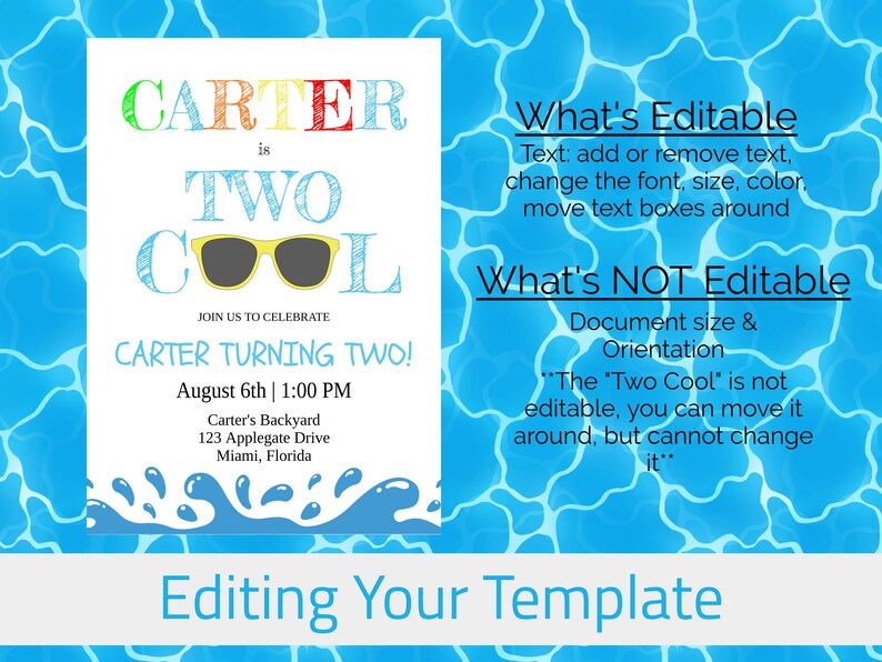 May include: A white invitation with the text "CARTER is TWO COOL" and sunglasses graphic. The invitation is for Carter's second birthday, with the date, time, and location details. The background is a blue water pattern.