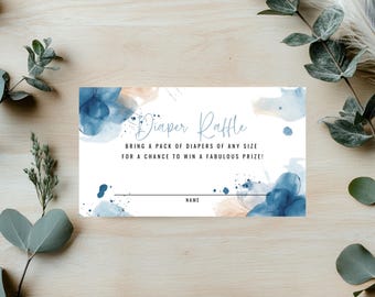 Blue Watercolor Floral Diaper Raffle Ticket: Baby Shower Game Insert (Editable Template)