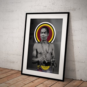 May include: Black and white portrait of a man with a red, yellow, and white halo. He is wearing a chain necklace and a colorful patterned skirt. He is holding a microphone.